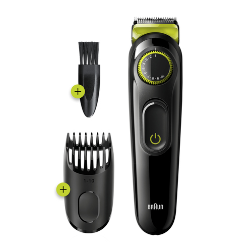 Braun BeardTrimmer Beard Trimmer BT3221 Men Beard Trimmer & Hair Clipper, 20 Length Settings, Black/Volt Green