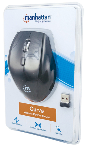 Manhattan Curve Wireless Mouse, Black, Adjustable DPI (800, 1200 or 1600dpi), 2.4Ghz (up to 10m), USB, Optical, Five Butto