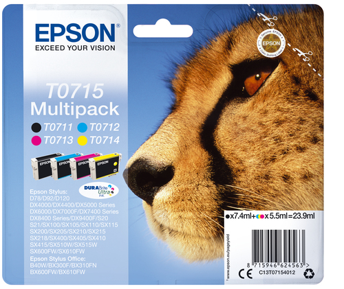 Epson T0715 Cheetah Black Cyan Magenta Yellow Standard Capacity Ink Cartridge Multipack 7.4ml + 3 x 5.5ml (Pack 4) - C13T07154012