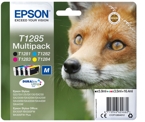 Epson T1285 Fox Black Cyan Magenta Yellow Standard Capacity Ink Cartridge Multipack 6ml + 3 x 3.5ml (Pack 4) - C13T12854012