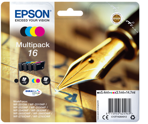 Epson 16 Pen and Crossword Black Cyan Magenta Yellow Standard Capacity Ink Cartridge Multipack 5ml + 3 x 3ml (Pack 4) - C13T16264012