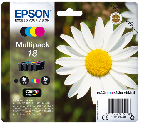 Epson 18 Daisy Black Cyan Magenta Yellow Standard Capacity Ink Cartridge Multipack 5ml + 3 x 3ml (Pack 4) - C13T18064012