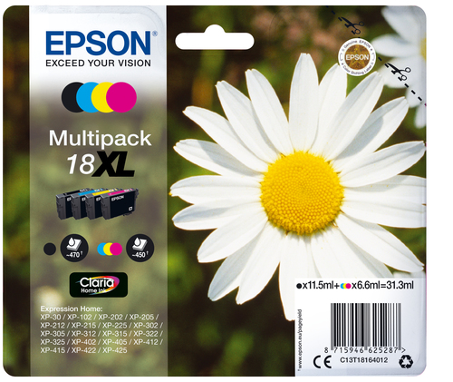 Epson 18XL Daisy Black Cyan Magenta Yellow High Yield Ink Cartridge Multipack 11.5ml + 3 x 7ml (Pack 4) - C13T18164012