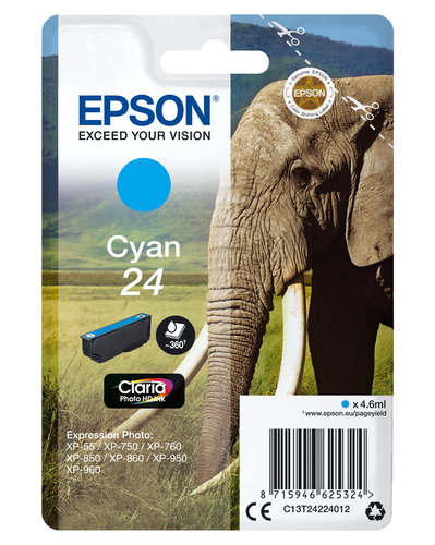Epson 24 Elephant Cyan Standard Capacity Ink Cartridge 5ml - C13T24224012