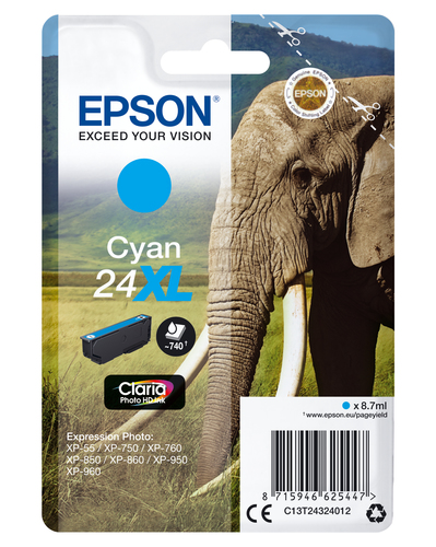 Epson 24XL Elephant Cyan High Yield Ink Cartridge 9ml - C13T24324012