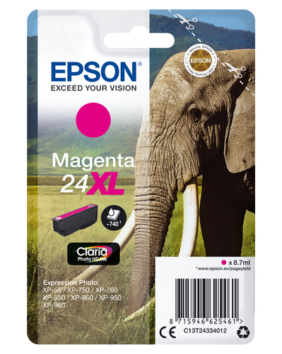 Epson 24XL Elephant Magenta High Yield Ink Cartridge 9ml - C13T24334012