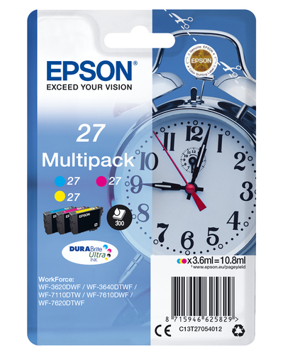 Epson 27 Alarm Clock Cyan Magenta Yellow Standard Capacity Ink Cartridge Multipack 3 x 4ml (Pack 3) - C13T27054012
