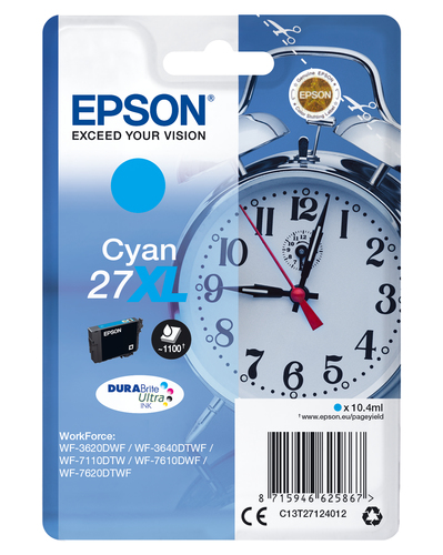 Epson 27XL Alarm Clock Cyan High Yield Ink Cartridge 10ml - C13T27124012