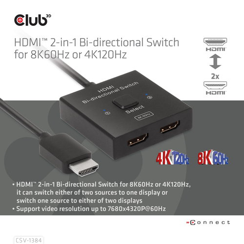 Club 3D HDMI switch 2-in-1 bi-directional for 8K60Hz or 4K120Hz, afbeelding 6