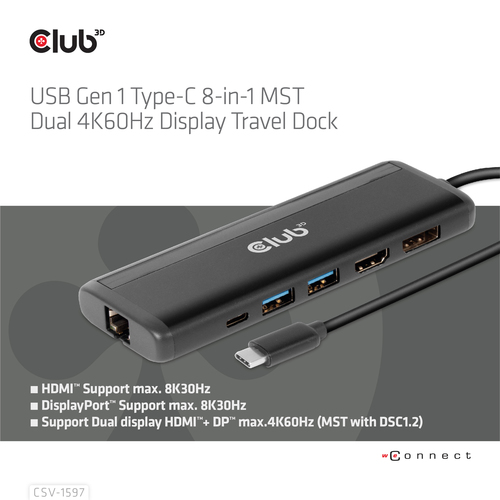 CLUB3D USB Gen 1 Type-C 8-in-1 MST Dual 4K60Hz Display Travel Dock – image 7