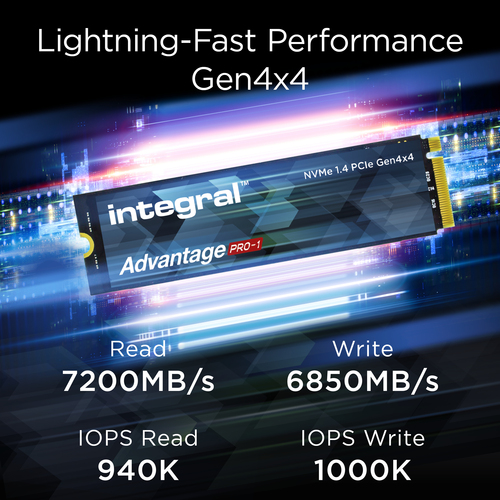 Integral 4TB - 4000GB SSD M.2 2280 NVME 1.4 PCIe Gen4 x4 R-7200MB/s W-6850MB/s IOPS R-940K W-1000K TLC TBW 2800 ADVANTAGE PRO-1 – image 2