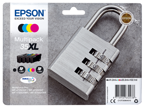 Epson 35XL Padlock Black Cyan Magenta Yellow High Yield Ink Cartridge Multipack 41ml + 3 x 20ml (Pack 4) - C13T35964010