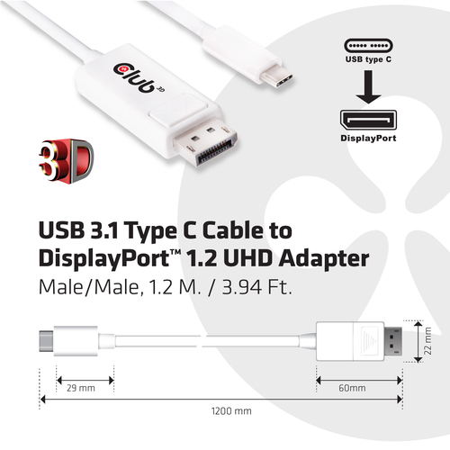 CLUB3D USB 3.1 Type C Cable to DisplayPort 1.2 UHD Adapter, afbeelding 4