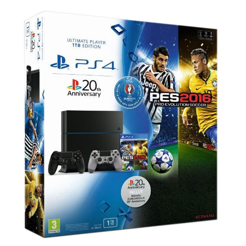Sony PlayStation 4 (1TB) + PES Euro 2016 + 2 DualShock Wi-Fi Melns