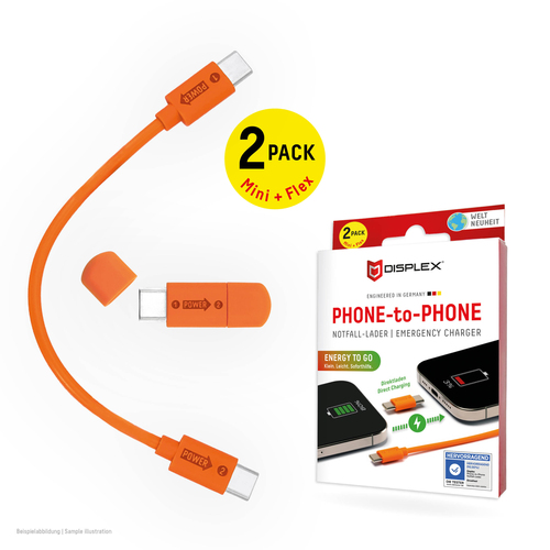 Displex Phone-to-Phone Emergency Charger, USB-C to USB-C, Mini Plug + Flex Cable, Compact 2 Pack – image 1