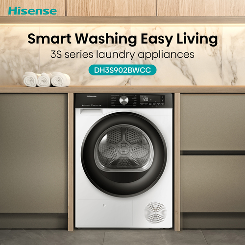 Hisense 9 kg heat pump dryer with AutoDry for precise drying, a quick Refresh program for lightly worn clothes and an AllergyCare cycle for cleaner results. Eas – image 3