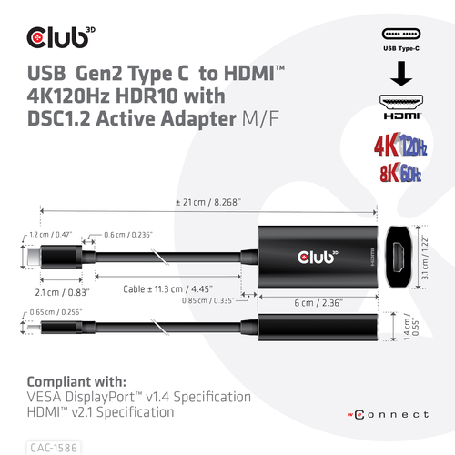 CLUB3D USB Gen2 Type C to HDMI™ 4K120Hz HDR10 with DSC 1.2 Active Adapter M/F – image 4