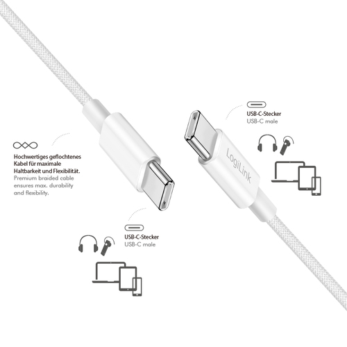Product image: LogiLink USB 2.0 Type-C cable, C/M to C/M, nylon jacket, 60W, white, 1 m