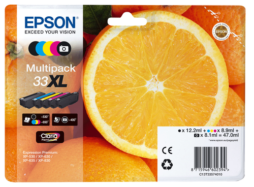 Epson 33XL Oranges Black Photo Black Cyan Magenta Yellow High Yield Ink Cartridge Multipack 2 x 12.2ml + 8.1ml + 2 x 8.9ml (Pack 5) - C13T33574011