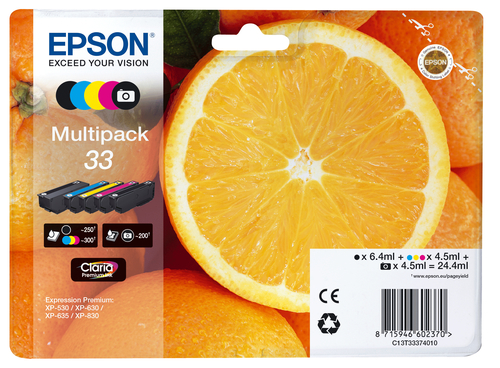 Epson 33 Oranges Black Photo Black Cyan Magenta Yellow Standard Capacity Ink Cartridge Multipack 2 x 6.4ml + 3 x 4.5ml (Pack 5) - C13T33374011