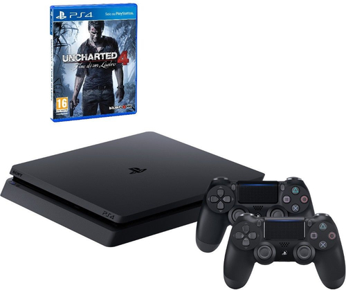 Sony PS4 (1TB) + Uncharted 4 + 2 controller DualShock 4 v2 Wi-Fi Melns