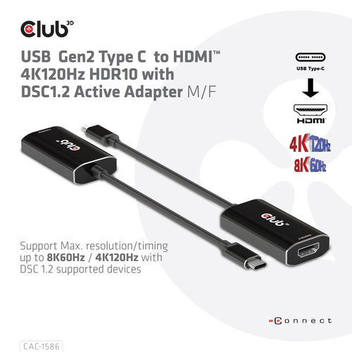 CLUB3D USB Gen2 Type C to HDMI™ 4K120Hz HDR10 with DSC 1.2 Active Adapter M/F – image 3