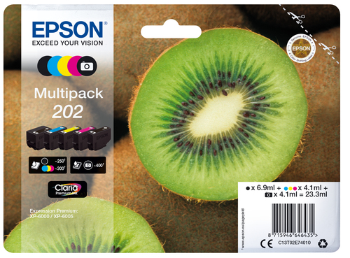 Epson 202 Kiwi Black Photo Black Cyan Magenta Yellow Standard Capacity Ink Cartridge Multipack 7ml + 4 x 4ml (Pack 5) - C13T02E74010
