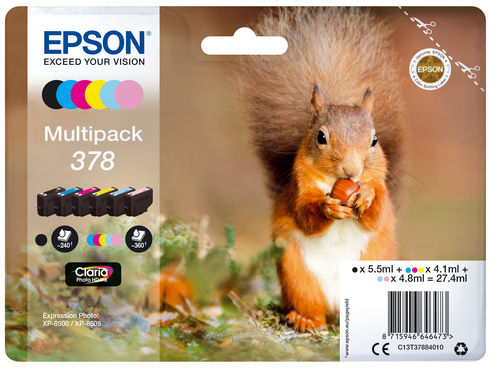 Epson 378 Squirrel Black Light Cyan Light Magenta Cyan Magenta Yellow Standard Capacity Ink 5.5ml + 2 x 4.8ml + 3 x 4.1ml (Pack 6) - C13T37884010