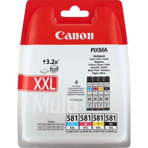 Canon CLI581XXL Black Cyan Magenta Yellow Extra High Yield Ink Cartridge Multipack 4 x 12ml (Pack 4) - 1998C005