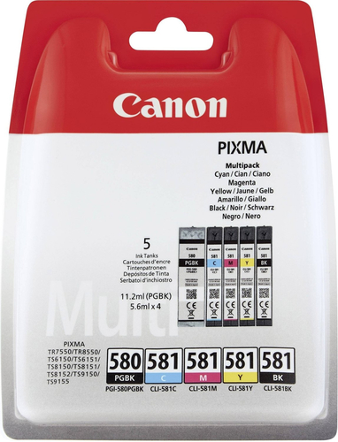Canon PGI580BK CLI581 Black Cyan Magenta Yellow Standard Capacity Ink Cartridge 11ml Multipack - 2078C005