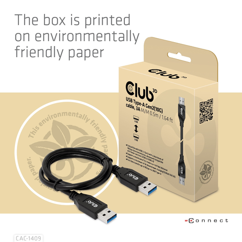 CLUB3D USB Type-A Gen2(10G) cable, 3A M/M 0.5m / 1.64 ft, afbeelding 4