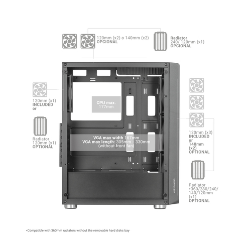 Mars Gaming MC-3000 Black, ATX Gaming Semitower, Full Tempered Glass Window, Metal-Mesh Front – image 6