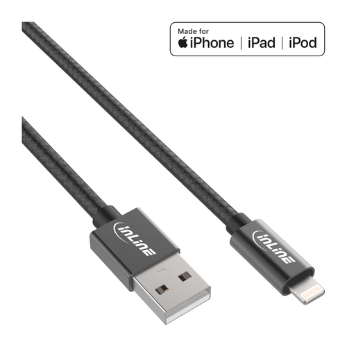 Product image: InLine Lightning USB Cable, for iPad, iPhone, iPod, black/alu, 2m MFi-Certified