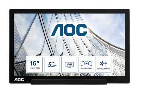 AOC 01 Series I1601FWUX. Tamanho do ecrã na diagonal: 39,6 cm (15.6"), Resolução: 1920 x 1080 pixels, Tipo de HD: Full HD,