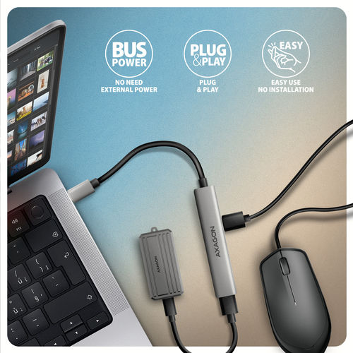 Axagon HUB USB HUE-STC, 4x USB ALU STRIP hub, 1x USB-A 5Gbps, 2x USB-A & 1x USB-C 480Mbps, kabel USB-C 12cm – image 4
