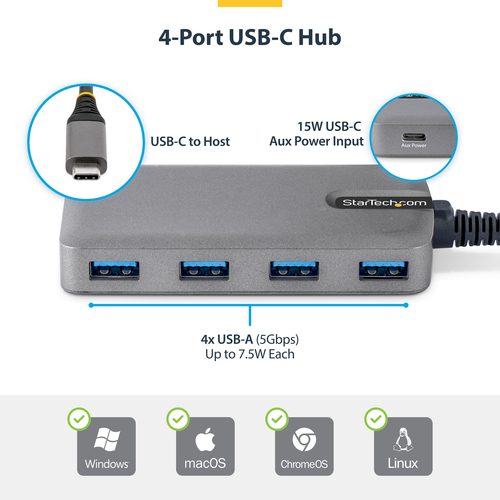 StarTech.com 4-Port USB-C Hub, 5Gbps, Bus Powered, USB C to 4x USB-A Hub with USB-C Auxiliary Power Input, 1ft/30cm Host Cable, Portable Desktop/Laptop USB Hub – image 5