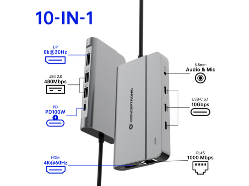 Conceptronic DONN34G 10-in-1 USB 3.2 Gen 2 MST Docking Station, 4K60Hz HDMI, 8K30Hz DisplayPort, GbE, USB-C 10Gbps x 3, USB-A 480Mbps x 2, Audio – image 5