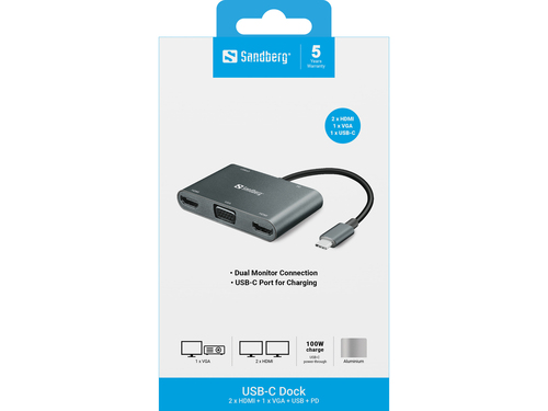 USB-C Dock 2xHDMI+1xVGA+USB+PD, afbeelding 2