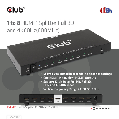 Club 3D 1 to 8 HDMI Splitter Full 3D and 4K60Hz (600MHz), afbeelding 8