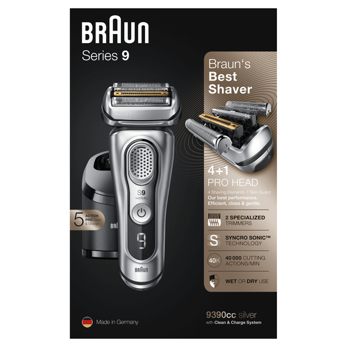 Braun Series 9 9390cc Latest Generation Electric Shaver, Clean&Charge Station, Leather Case, Silver – image 3