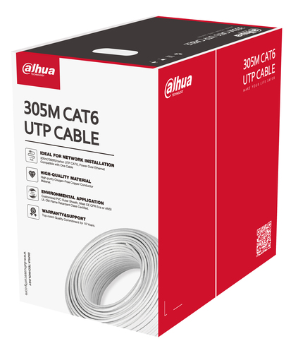 BOBINA DAHUA PFM9201-6UN-C-100 DE 100 METROS DE CABLE UTP CAT6 100 COBRE COLOR BLANCO CUBIERTA RETARDANTE DE FLAMA CON CERTIFICACION ANSI UL CM IDEAL PARA VIDEOS Y REDES DH-PFM920I-6UN-C-100 - DH-PFM920I-6UN-C-100