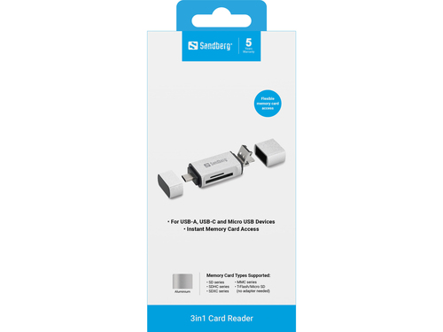 Sandberg Card Reader USB-C+USB+MicroUSB geheugenkaartlezer Zilver, afbeelding 2