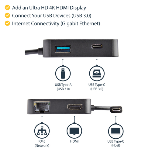 StarTech.com USB C Multiport Adapter - Portable USB-C Mini Dock 4K HDMI Video - Gigabit Ethernet, USB 3.0 Hub (1x USB-A 1x USB-C) - USB Type-C Multiport Adapter – image 9