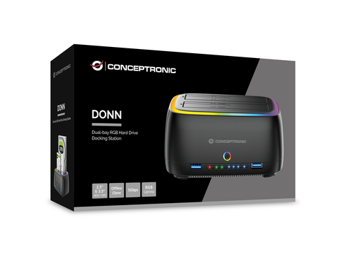Conceptronic DONN36B Dual-bay RGB Hard Drive Docking Station, for 2.5/3.5-Inch HDD SSD, 2 x USB A, SD/TF Card Reader, UASP – image 4
