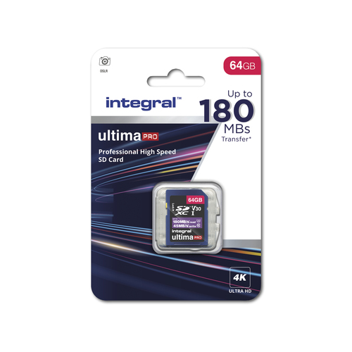 Integral 64GB SD CARD SDXC UHS-1 U3 CL10 V30 A2 UP TO 180MBS READ 45MBS WRITE – image 1