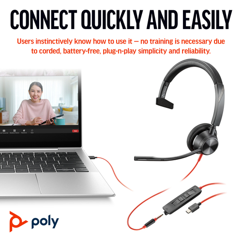 Poly Blackwire 3315 Monaural USB-C Headset +3.5mm +USB-A Adapter - image 4
