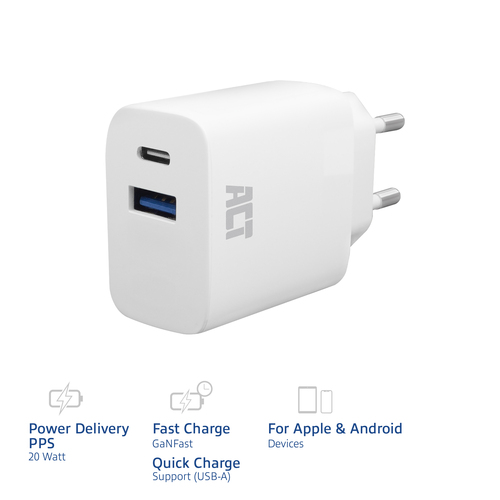 ACT Connectivity USB-C & USB-A lader 20W met Power Delivery PPS, Quick Charge, GaNFast oplader, afbeelding 2