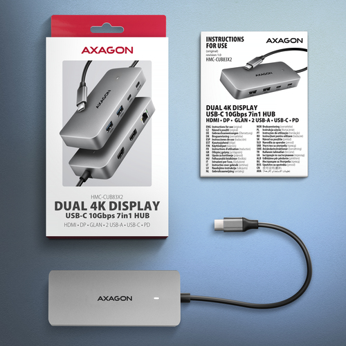 Axagon HUB USB HMC-CUB83X2, USB 10Gbps hub, 2x USB-A, USB-C, HDMI & DP 4k/144Hz, RJ-45 GLAN, PD 100W, kabel USB-C 15cm – image 9