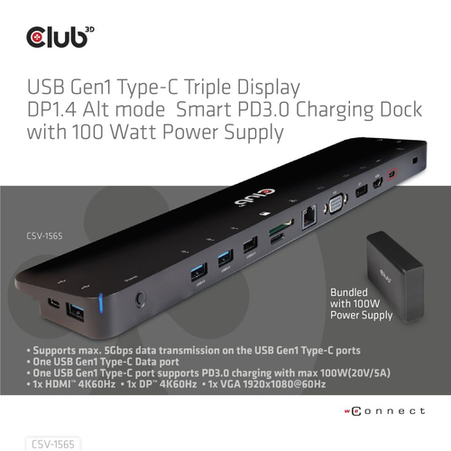 CLUB3D USB Gen1 Type-C Triple Display DP1.4 Alt mode Smart PD3.0 Charging Dock with 100 Watt Power S, afbeelding 7