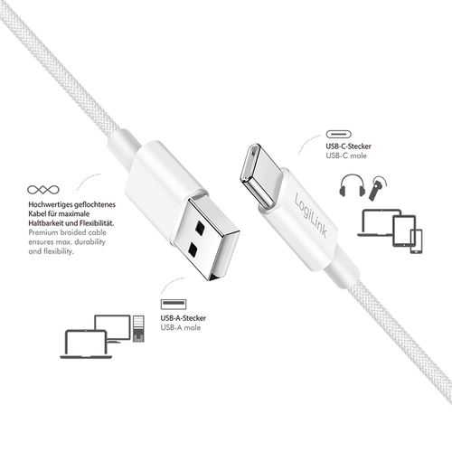 Product image: LogiLink USB 2.0 Type-C cable, C/M to A/M, nylon jacket, 60W, white, 1 m
